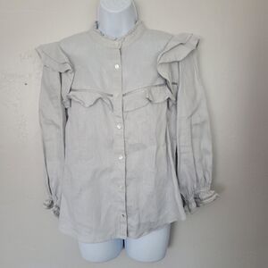 Veronica Beard Women's 6 Grey Long Sleeve Button Up Blouse Ruffle 100% Linen Top